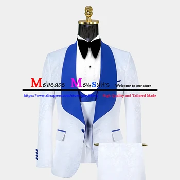 Royal Modra Šal River Moške Obleke Luksuzni Beli Jacquardske Poročno Obleko za Moške 3 Delni Komplet (Jakna+Telovnik+Hlače) Kostume Pour Hommes