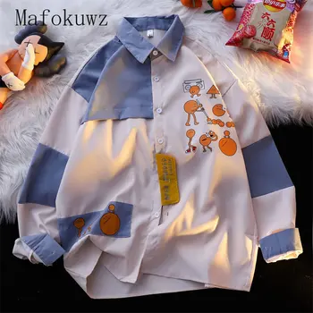 Mafokuwz moško Srajco z Dolgimi rokavi Barvni Kontrast Mozaik Trend Unisex Svoboden Preplete Pomlad Bluzo Plašč Japonska Y2k Preppy Majica