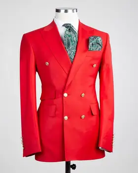 Rdeča Dvojno zapenjanje za Moške bo Ustrezala 2 Kosa Jopič 2020 Ženina Tuxedos Zarezo River Poroka Obleke Groomsmen (Blazer+Hlače)