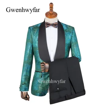 Gwenhwyfar Design Zelena Modra Rdeča Pav Rep Vzorec Jacquardske Jopičem Moške Prom Stranka Obleko Obleke Črne Hlače Moške Poročne Obleke