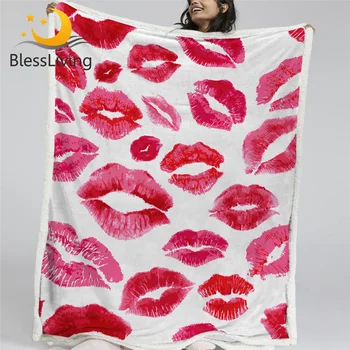 BlessLiving Akvarel Poljubi Odejo Za Posteljo Moda Sherpa Odejo Rdeče Ustnice, Bleščice, Plišastih Odejo Ženske Pop Art Dekle, Posteljnina
