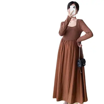2023 Pomlad Porodniškega Obleko Barva Dolg Rokav Kvadratnih Ovratnik Nosečnice je Elegantno Obleko Nosečnosti Stranka Obleko Debelo