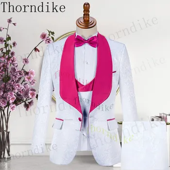 Thorndike 2023 Najboljši Človek Ženina Poročna Jopičem Moda Stranka Blazer+Telovnik+Hlače Nov Prihod Luksuzni Beli Moški Obleke Nastavite Slim Fit