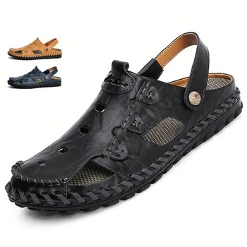Dve plasti cowhide gume soled ročno izdelani čevlji zašite baotou sandale za moške