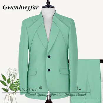 Gwenhwyfar Mint Moške Obleke 2022 Moda oblikoval Unikatne Jopič Hlače Meri Suknjič Prsi s Simetrično Zanke za Male Stranke