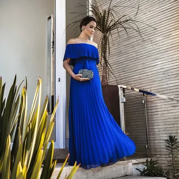 Elegantno Dolgo Šifon Čoln Vratu Večer Desses A-Line Brazilski Kraljevsko Modra حزب اللباس Dolžina Tal Prom Obleke za Ženske