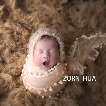Srčkan Baby Dekle Ruffle Bonnet Zaviti Nastavite Čipke Newborn Baby Wrap Foto Prop Novorojenčka Swaddle Vrečo Layer Fotografija Rekviziti