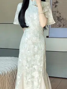 2023 Novo Modno Elegantna Cheongsam Kitajski Slog Cvetlični Kratek Rokav Vintage Obleko Slim Poroko Kostume Čipke Obleko Ruffles