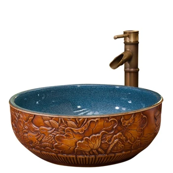 Starinsko luksuzni okrogle rjave kiparstvo ptic oblikovanje keramike umiti roke in obraz bazena za kopalnico