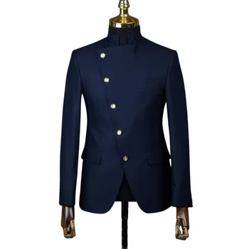 Mornarsko Modra Poročno Obleko za Moške Formalno 2 Kos Slim Fit Indijski Obleko Jopič s 5 Zlatih Gumbov Moda za Moške Kompleti Oblačil