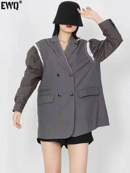 [EWQ] korejski Blazer Moda FWomen Zarezo Ovratnik, Dolgi Rokavi Mozaik Blazerji Ženska Obleka Sive Plašče 2023 Pomlad Y3007