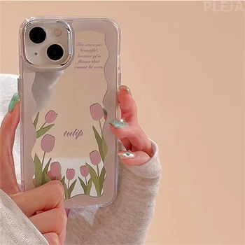 Obdan Cvetlični Tulipanov Cvetje Primeru Telefon za iPhone 14 ProMax 13 12 Pro Max 11 Primerih Stilom Prekrita Ogledalo Ženske Soft Cover