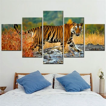 5 Kos Platno Natisni Slike Doma Dekor Wall Art Slike za Notranje zadeve Živali Tiger Hoja Plakate Okvirji Soba Dekoracijo