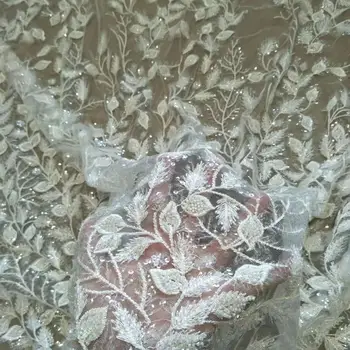 Slonokoščeni beli listi z beaded poročno obleko za ženske tkanine Rajon materiala Čipke z biseri in bleščice široko 130 cm, ki jih prodajajo velikost