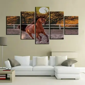 5 Plošči, ki Teče Rjava Konja Živali Platno Sliko Wall Art HD Tiskanja Dekor Slike Slike Plakat Ni Uokvirjena 5 Kosov