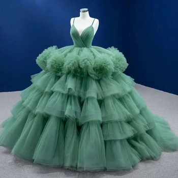 Žajbelj Zelena Princesa Quinceanera Obleke Žogo Obleke Večplastna Zabuhle Til Prom Oblačenja Špagete Trakovi Dodatno Bujne Formalno Stranko Oblek