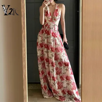 Y2K oblačila moda elegantno seksi proti-vrat maxi obleke za ženske poletje cvjetnim tiskanja elegantno backless počitnice stranka večerno obleko ZA
