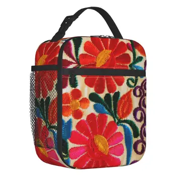 Fiambrera térmica con estampado 3D de flores mejicanas par mujer, bolsa de almuerzo con patrón de bordado, flat reutilizable,