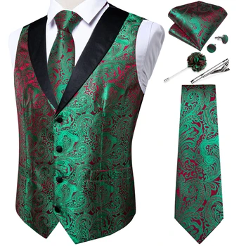 Edinstven Design Zelena Rdeča Paisley Telovnik za Poslovni Človek Moda Slim Fit Obleko Moške Waistcoat Kravatni Broška Posnetek Nastavitev zapestne gumbe,