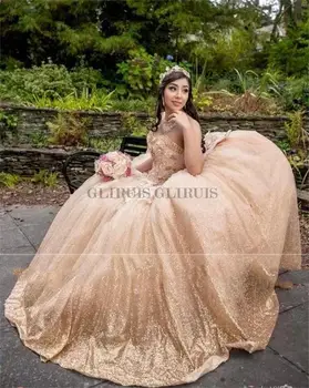 Princesa Šampanjec Žogo Obleke Quinceanera Obleke Beaded Appliques Sweet 16 Obleko Lok vestidos de 15 anos