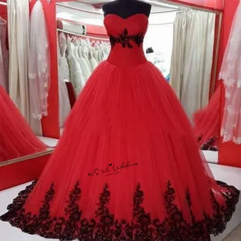 Črno Rdeča Poroka Obleke, Plus Velikost Vestidos de Noivas Čipke Kitajska Poročna Halje Korzet Nazaj Gothic Poročni Obleki Zabuhle Trouwjurk